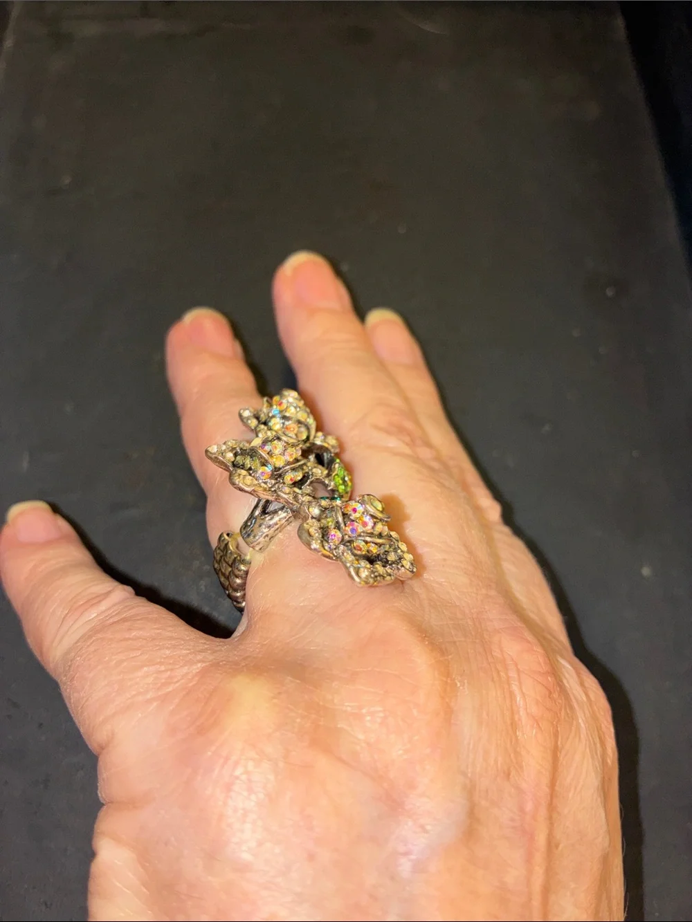 Featuring Three Crystal Rose Blooms Cocktail Stretch Ring with Green Accents